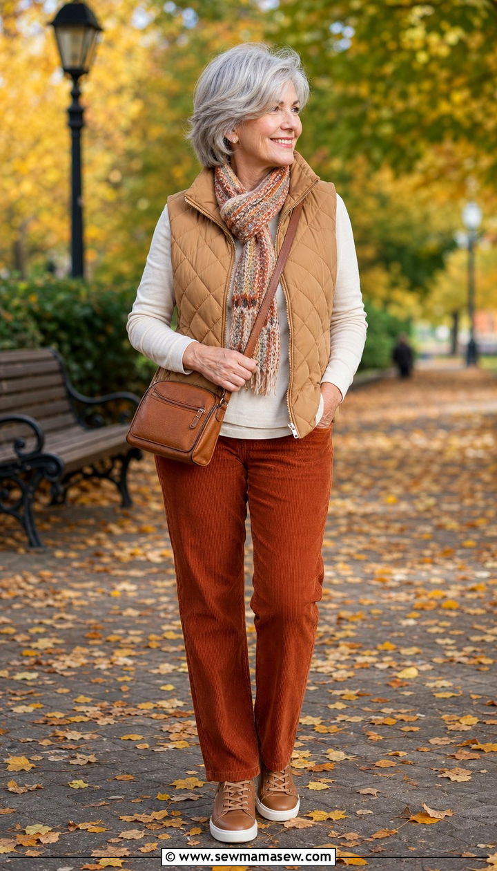 Puffer Vest with Long Sleeve Tee and Corduroys - 25 Cute outfits for women over 70