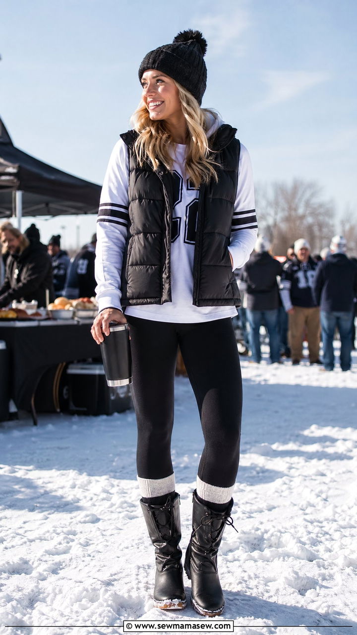 Puffer Vest with Long Sleeve Tee and Fleece Lined Leggings - 35 Football game outfit ideas for women