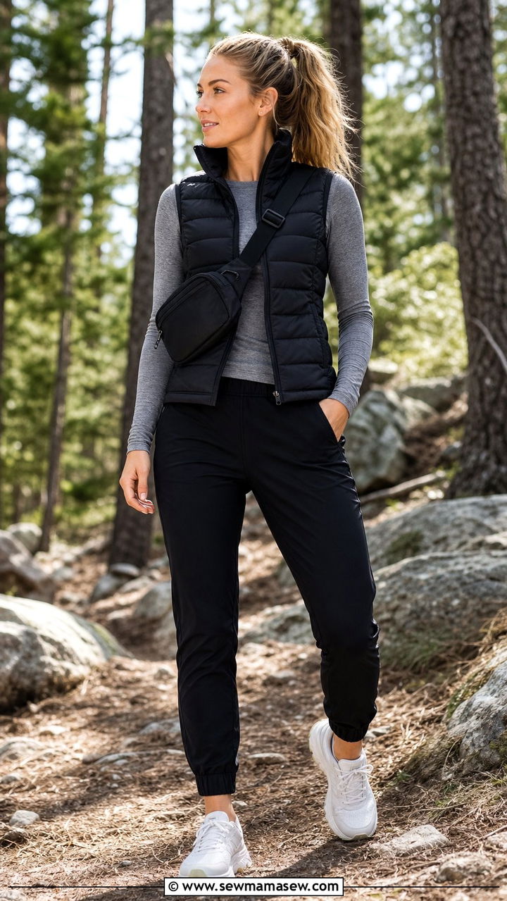Puffer Vest with Long Sleeve Tee and Joggers - 25 cute windy day outfits