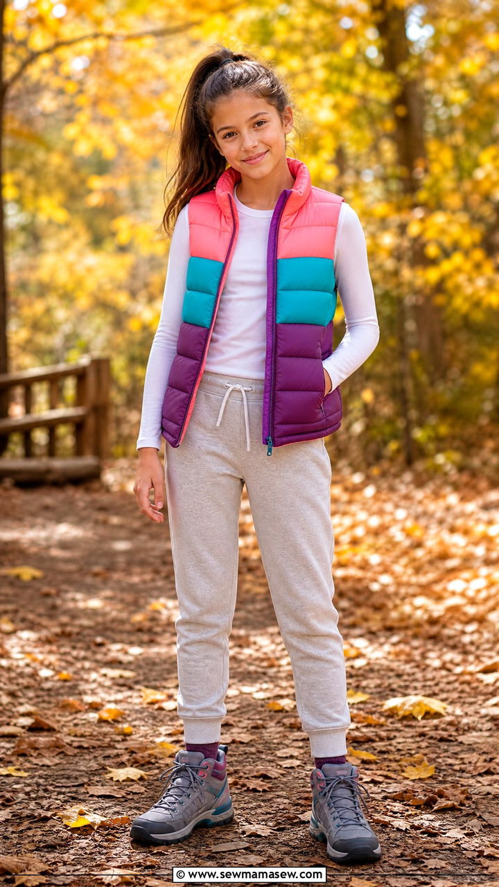 Puffer Vest with Long Sleeve Tee and Joggers - 25 Tween outfit ideas for 10 year olds