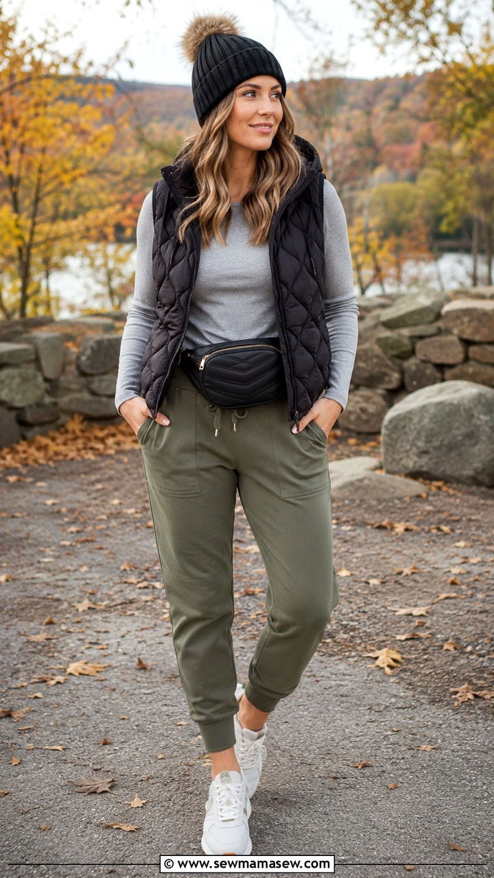 Puffer Vest with Long Sleeve Tee and Joggers - 30 Travel outfit ideas for moms