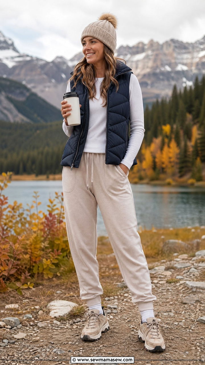 Puffer Vest with Long Sleeve Tee and Joggers Outfit - 35 Cool mom outfit ideas