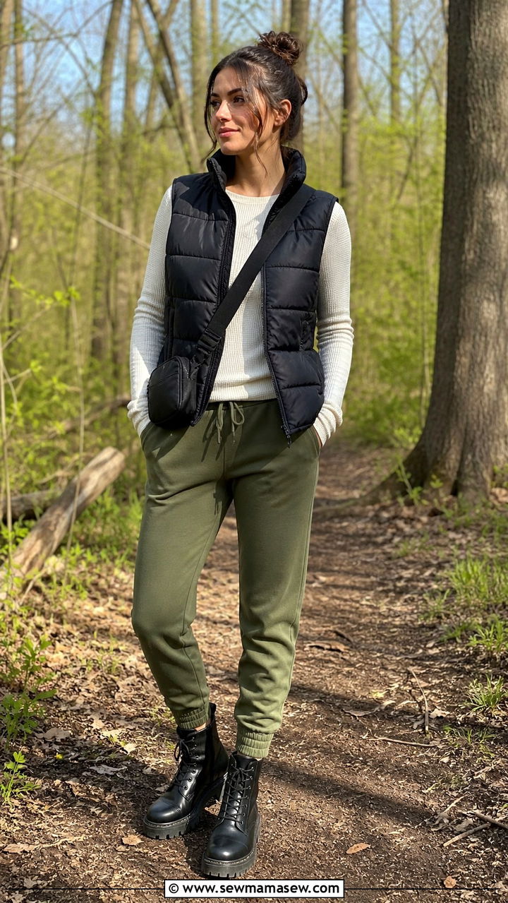 Puffer Vest with Long Sleeve Tee and Joggers - 40 Cozy spring outfits