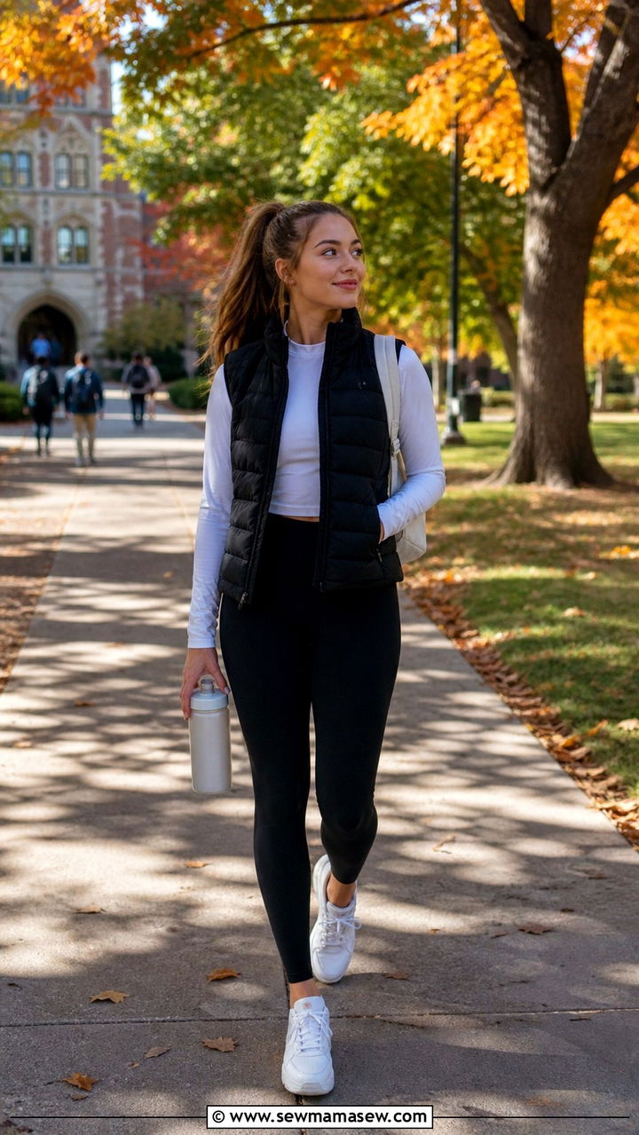 Puffer Vest with Long Sleeve Tee and Leggings - 40 college outfits