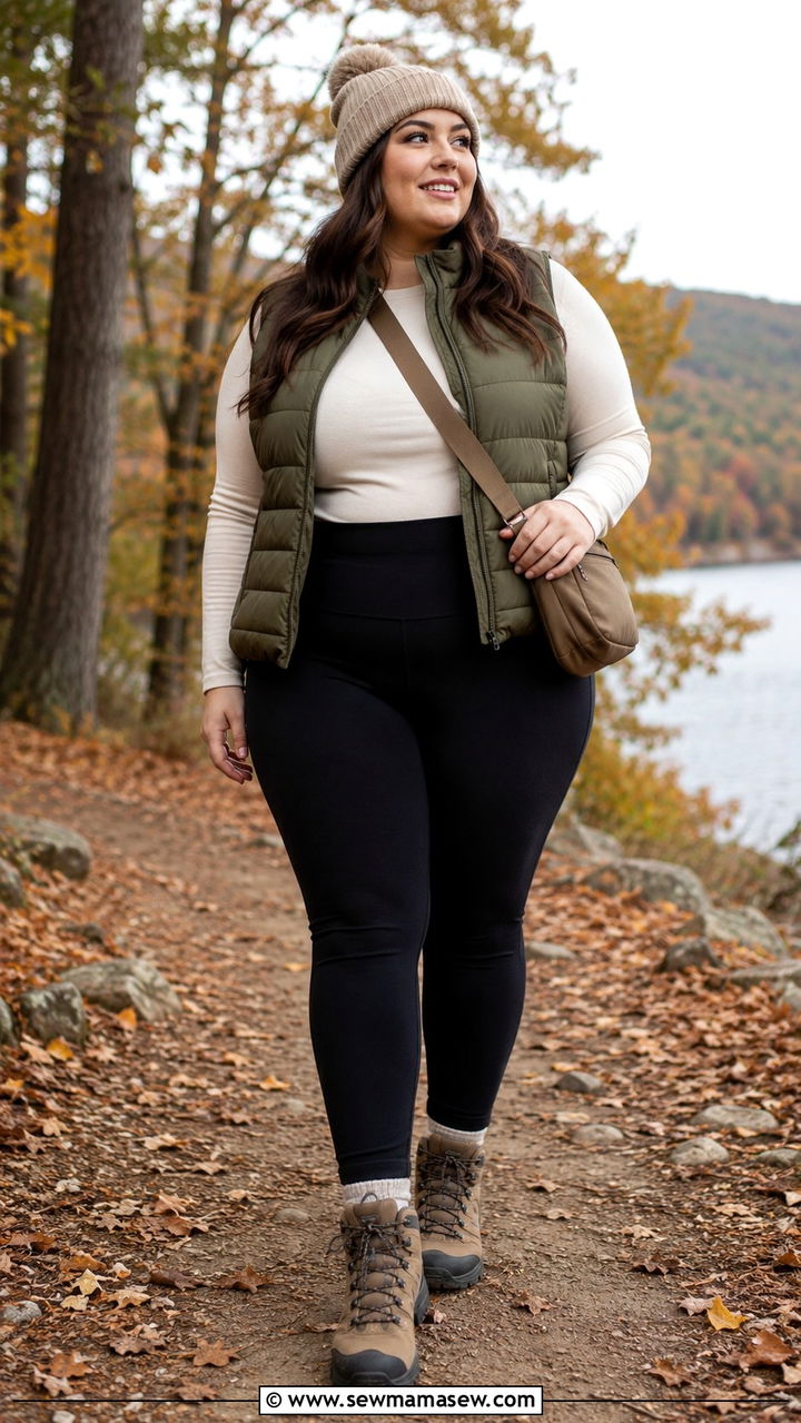 Puffer Vest with Long Sleeve Tee and Leggings - 30 Plus size outfit ideas for travel