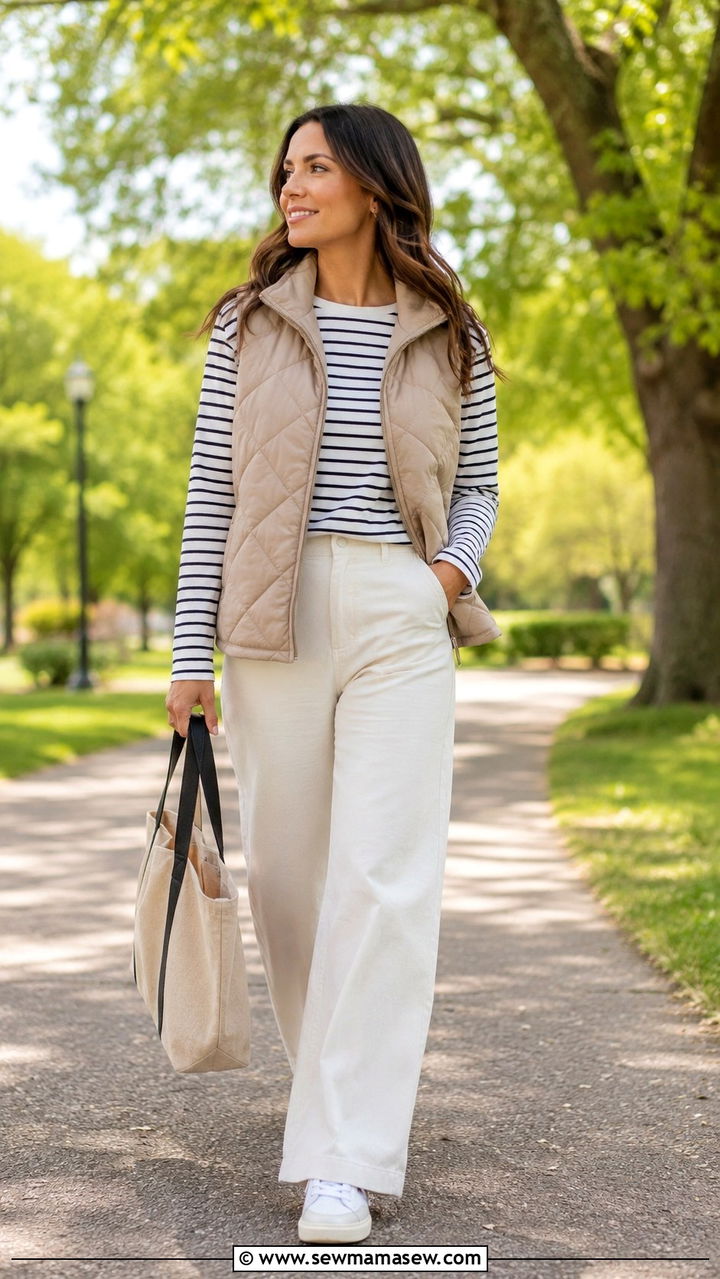 Puffer Vest with Long Sleeve Tee and Wide Leg Pants - 20 Summer outfits for 50 degree weather