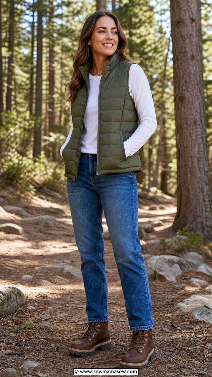 Puffer Vest with Long Sleeve Tee for Spring Layering - 20 Spring outfits for 50-60 degree weather