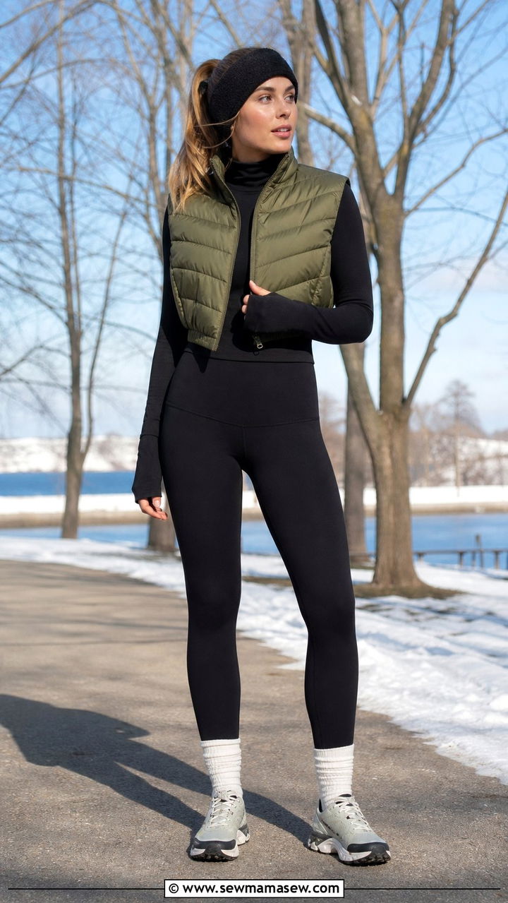 Puffer Vest with Running Leggings Outfit - 25 Sporty chic outfit ideas running