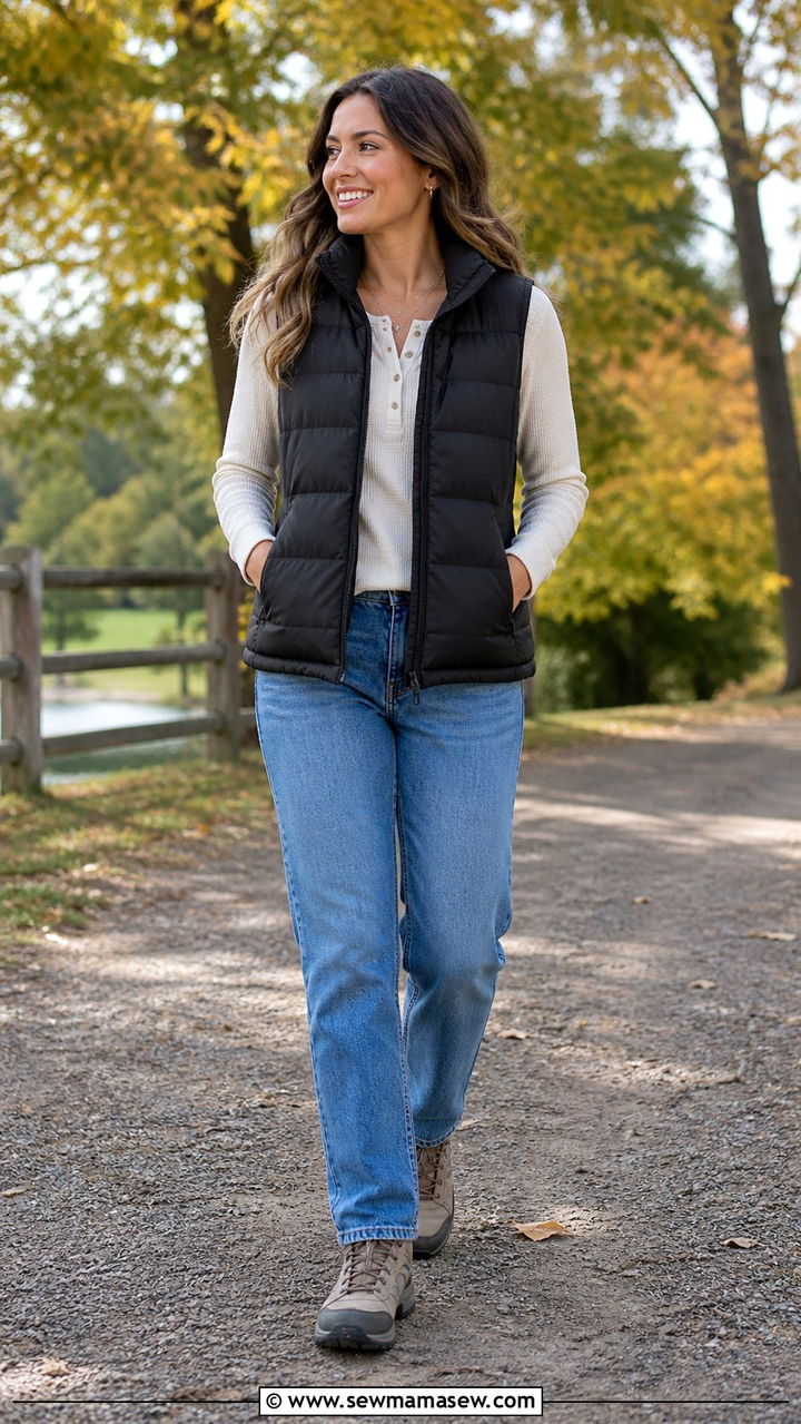 Puffer Vest with Straight Leg Jeans and Hiking Sneakers - 40 casual jeans outfits