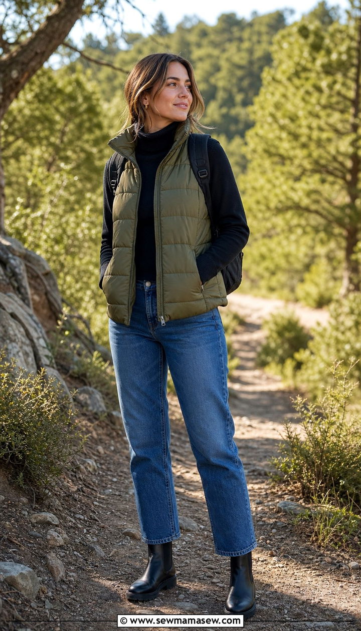 Puffer Vest with Turtleneck and Straight Leg Jeans Outfit - 25 Cross season outfit ideas