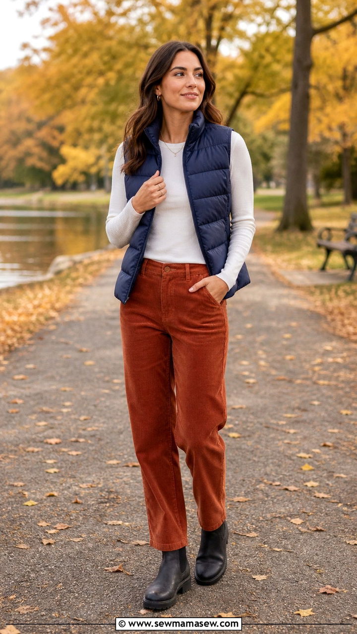 Puffer Vest with a Long Sleeve Tee and Corduroy Pants - 40 rainy day outfits