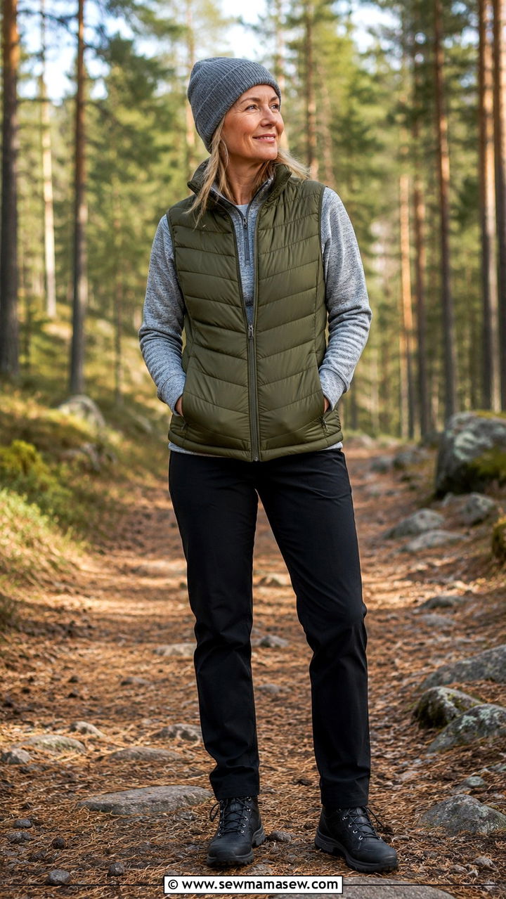 Puffer Vest with a Sweatshirt and Straight Leg Trousers - 30 scandinavian outfit ideas for women over 40