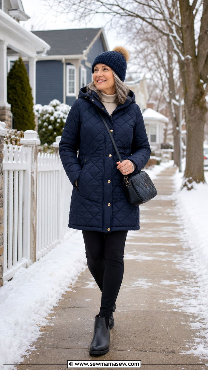 Puffer coat and leggings outfit for women over 65 - 30 Outfit ideas for women over 65