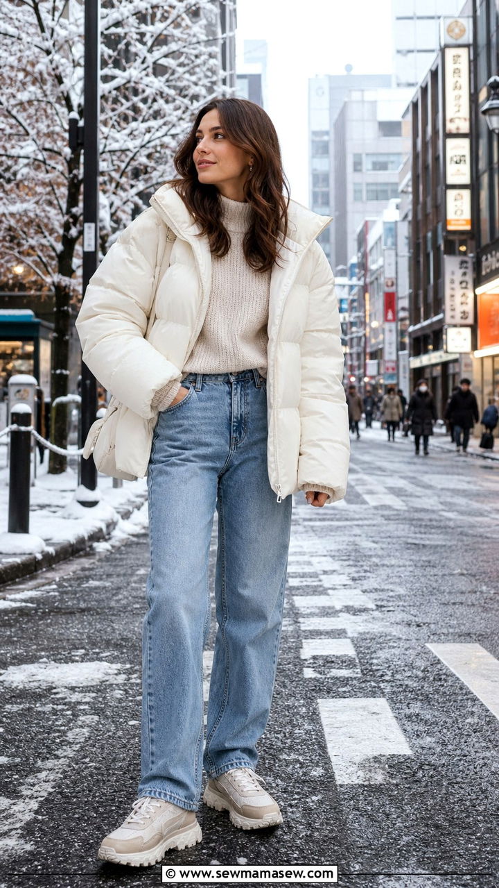 Puffer coat and relaxed denim for cold winter days - 40 What to wear in Tokyo