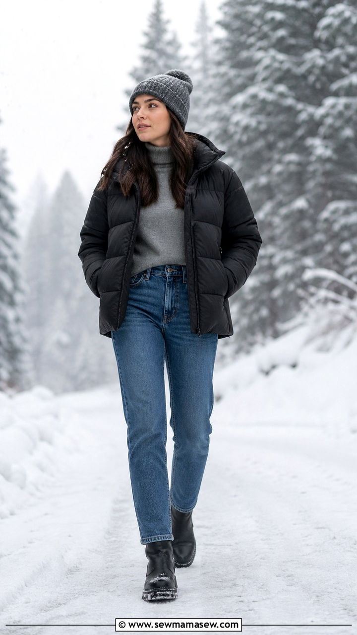 Puffer coat and straight leg jeans winter travel outfit - 40 travel outfits for women