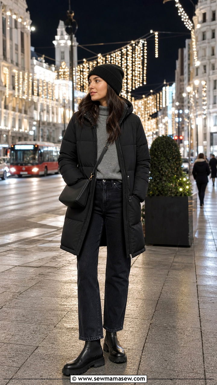 Puffer coat with a fine knit sweater and dark straight leg jeans - 40 What to wear in Madrid