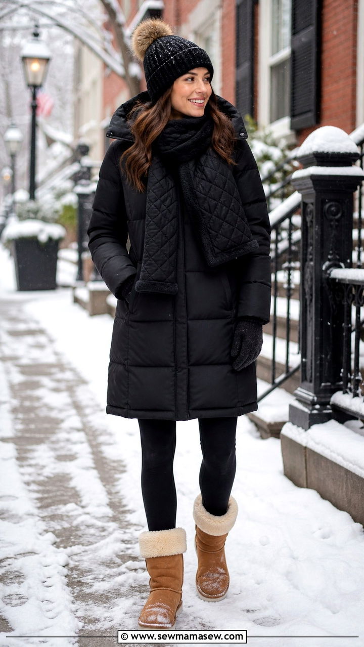 Puffer coat with fleece leggings and shearling boots - 40 What to wear in Boston