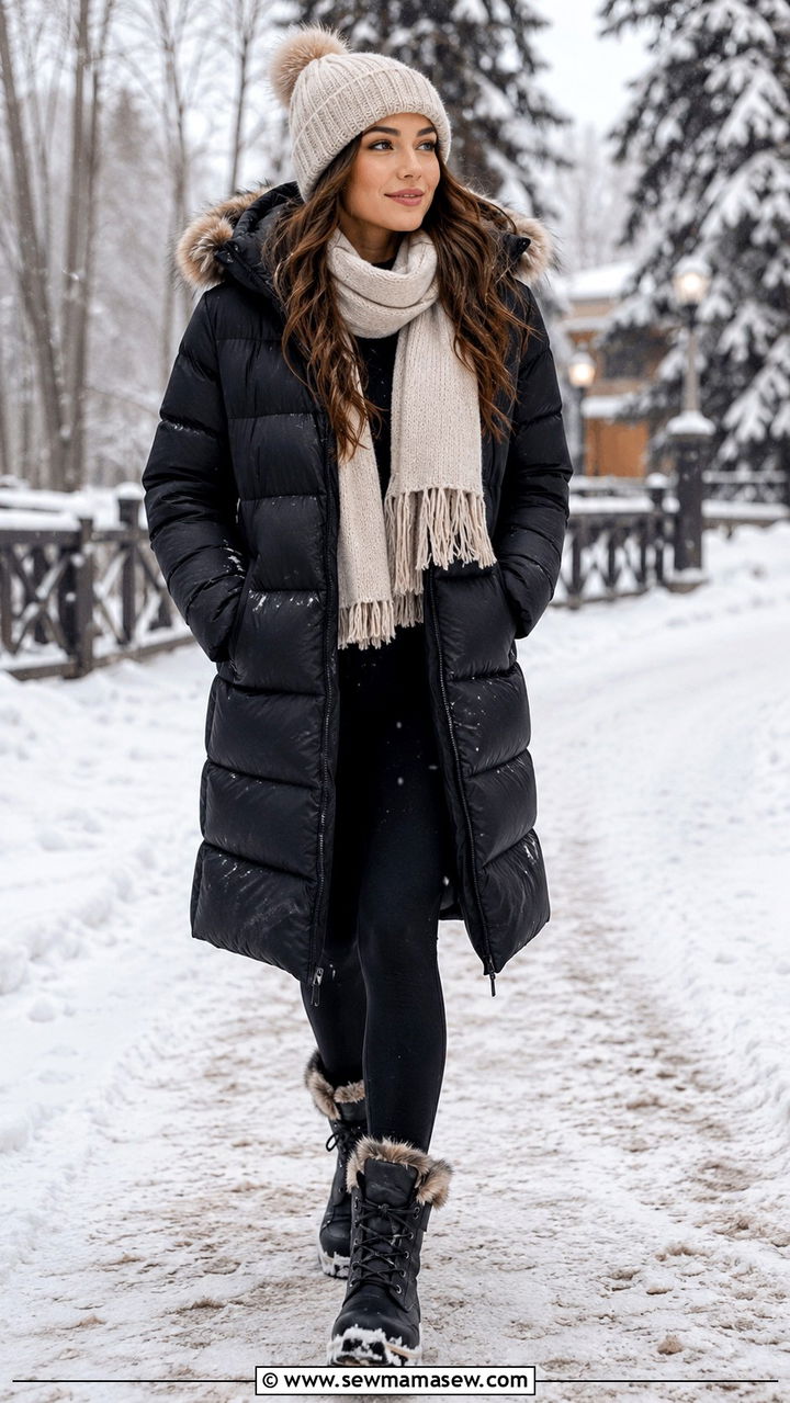 Puffer coat with leggings and snow boots travel outfit - 30 chic travel outfits for women
