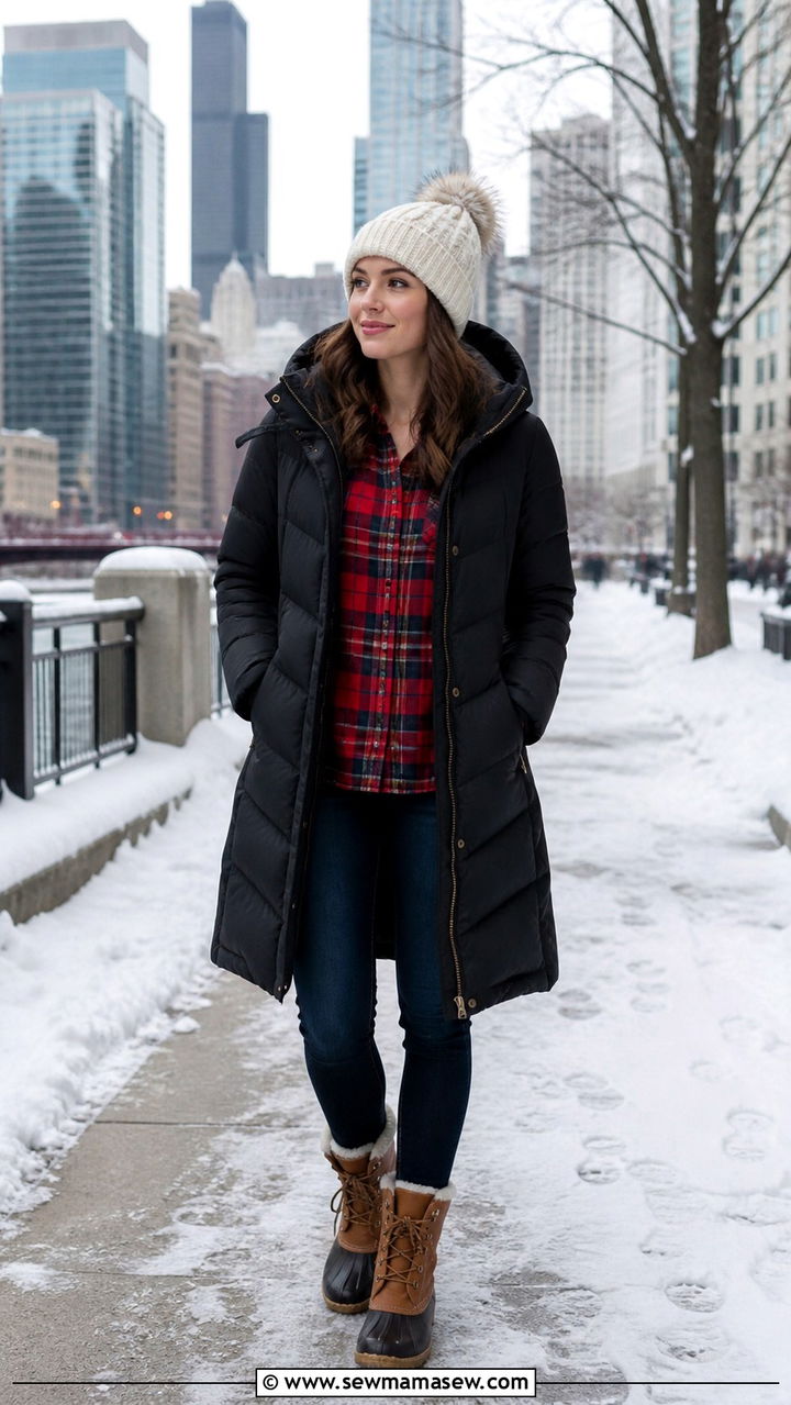 Puffer coat with plaid shirt and duck boots - 40 What to wear in Chicago