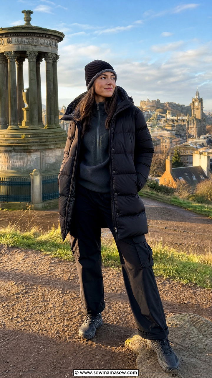 Puffer jacket and cargo trousers - 30 Edinburgh outfit ideas