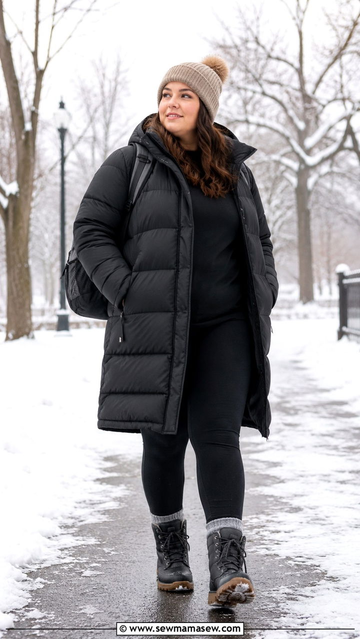 Puffer jacket and fleece lined leggings winter mom - 30 Plus size outfit ideas for moms