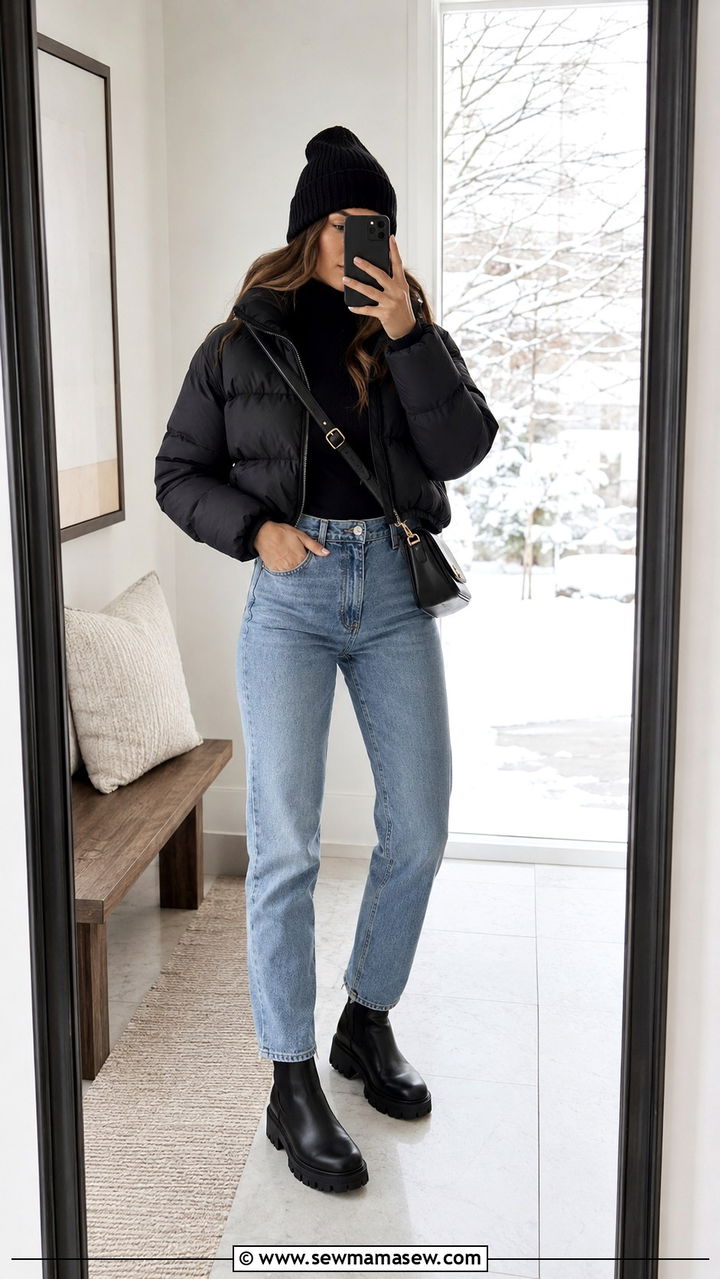 Puffer jacket and high waisted straight leg jeans outfit - 30 casual Pinterest outfits