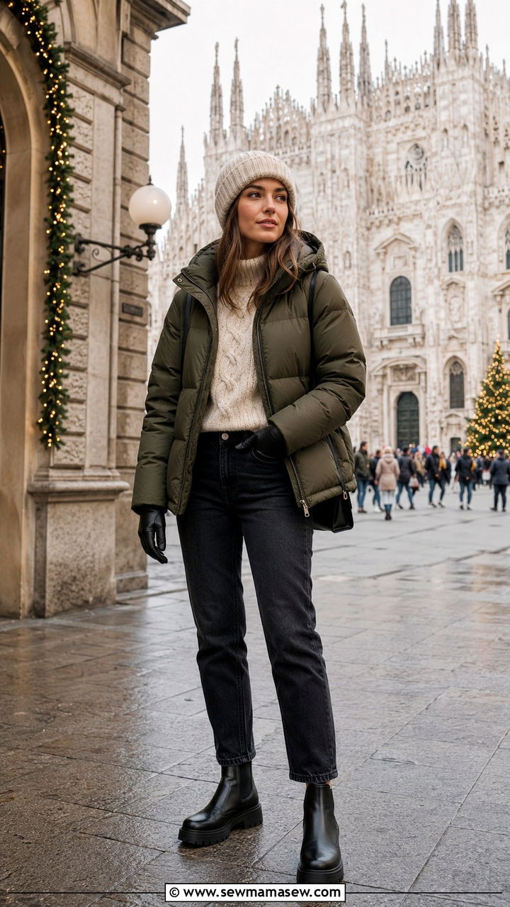 Puffer jacket and straight leg jeans outfit winter Milan - 30 Italy outfits for women