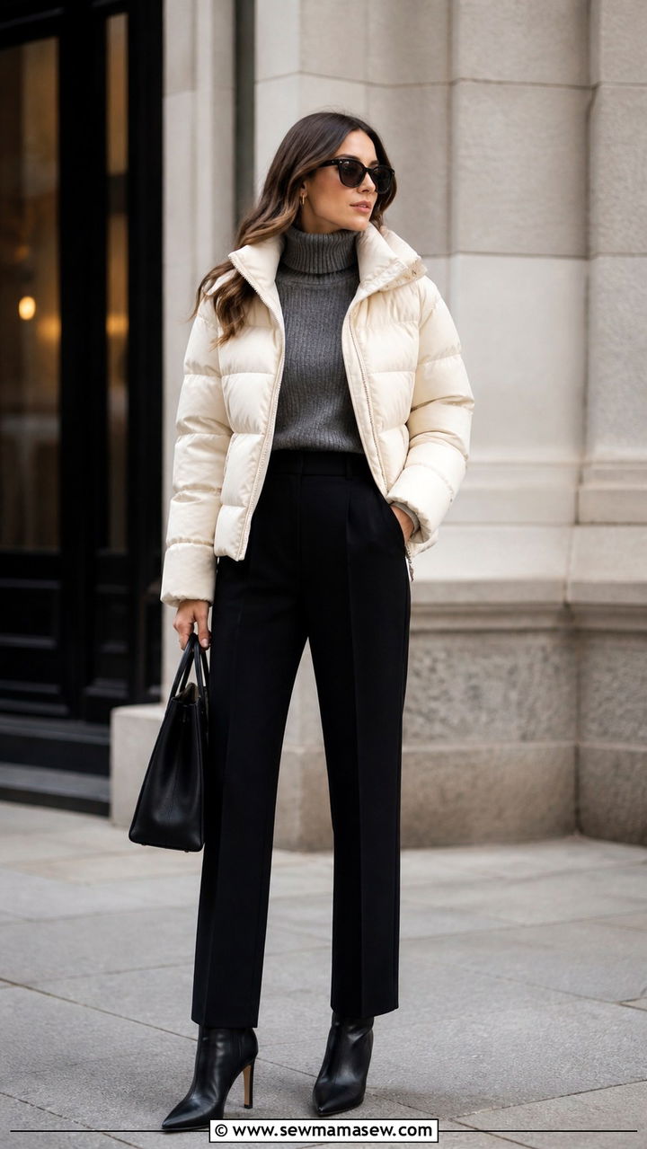 Puffer jacket over a turtleneck and slim fit pants - 40 Puffer jacket outfit ideas
