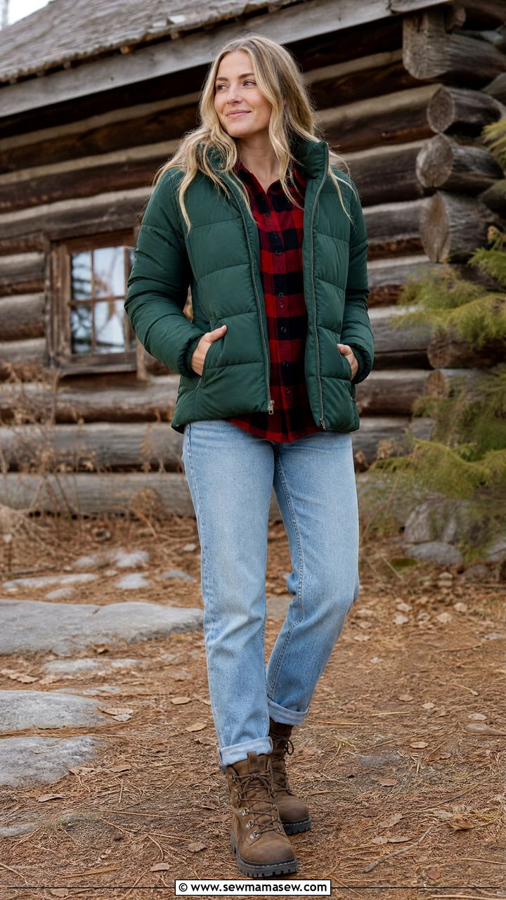 Puffer jacket with a flannel shirt and relaxed denim jeans - 30 First cold day outfits