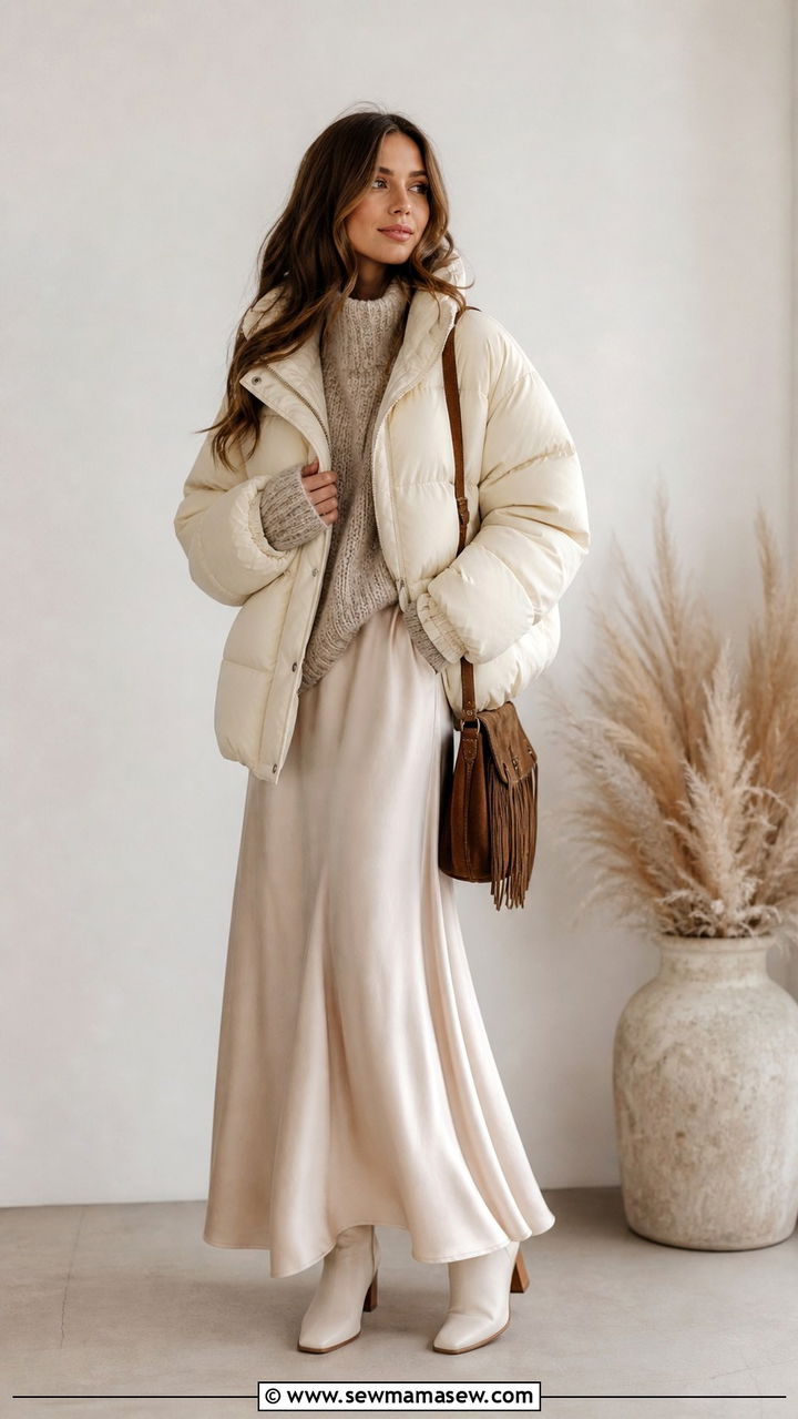 Puffer jacket with a maxi skirt and chunky knit - 40 Puffer jacket outfit ideas