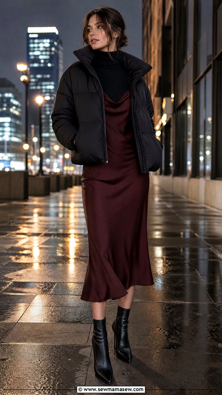 Puffer jacket with a slip dress and ankle boots - 40 Puffer jacket outfit ideas