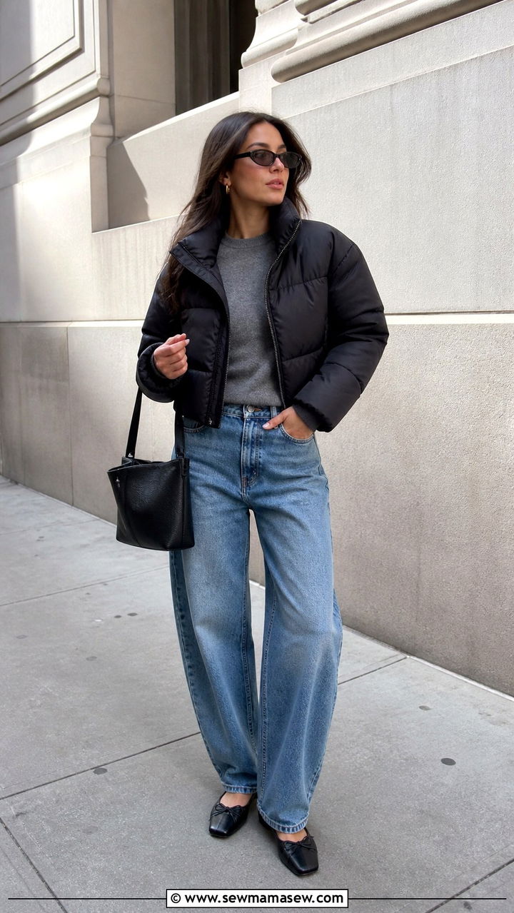 Puffer jacket with barrel leg jeans and ballet flats - 40 Puffer jacket outfit ideas