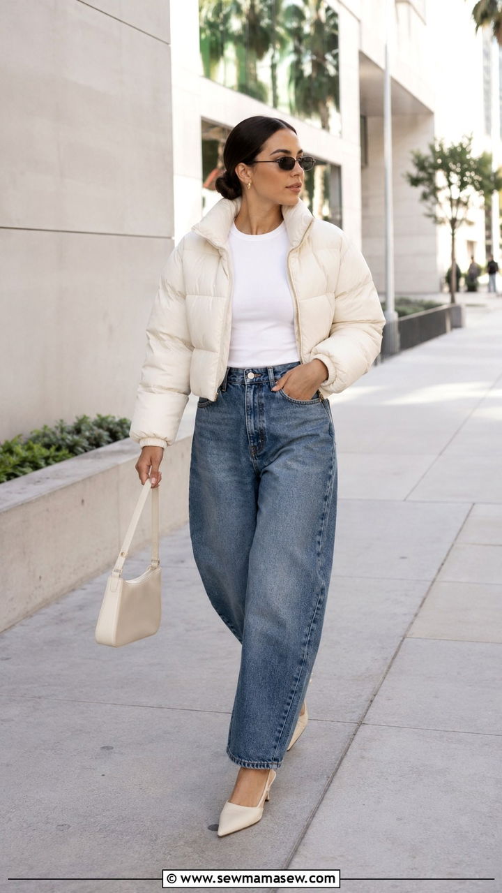 Puffer jacket with barrel leg jeans outfit - 30 How to style a puffer jacket