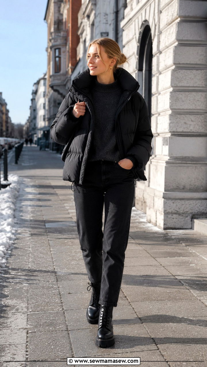 Puffer jacket with black denim outfit - 30 scandinavian capsule wardrobe outfits