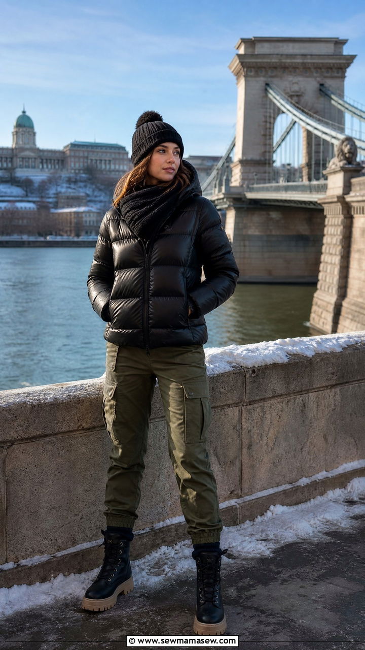 Puffer jacket with cargo pants Budapest winter outfit - 25 Budapest outfit ideas