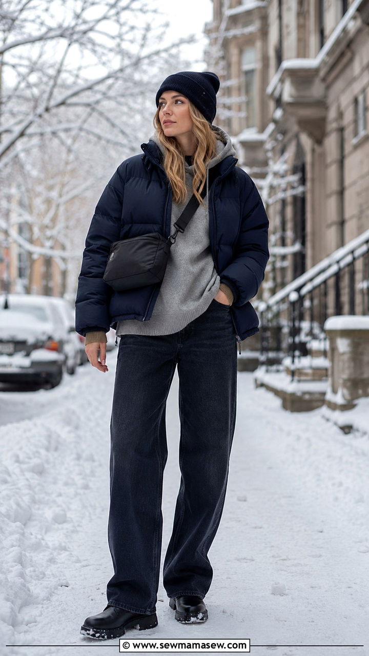 Puffer jacket with cashmere hoodie and relaxed denim - 25 Scandinavian cozy outfit ideas