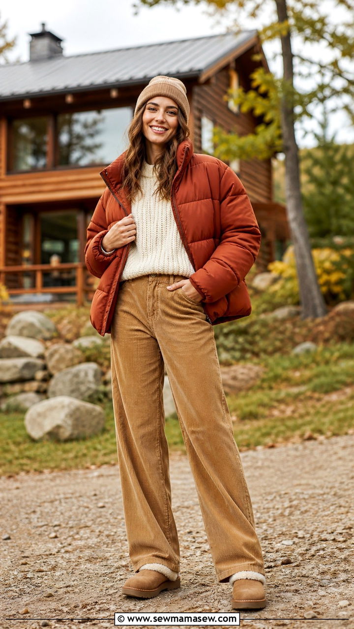 Puffer jacket with corduroy pants and shearling clogs - 40 Puffer jacket outfit ideas