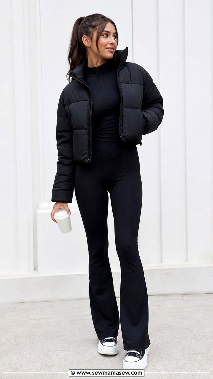 Puffer jacket with flared leggings and platform sneakers - 40 Puffer jacket outfit ideas