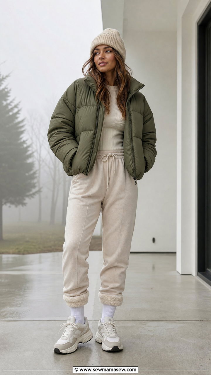Puffer jacket with fleece joggers and a beanie - 25 Foggy day outfit ideas