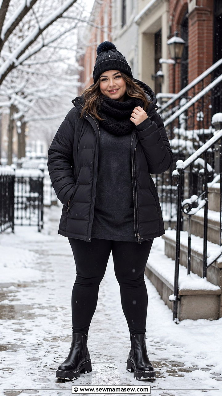Puffer jacket with fleece leggings - 30 Petite plus size outfit ideas