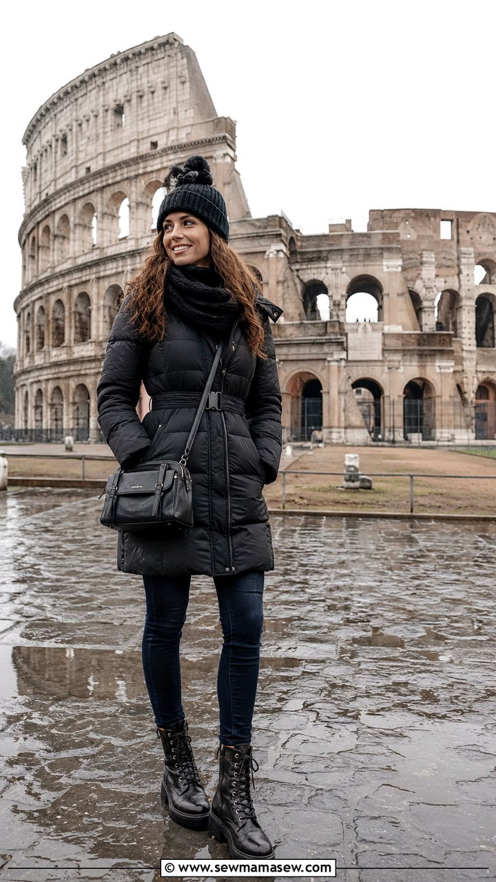 Puffer jacket with jeans and waterproof boots Rome outfit - 25 Rome outfit ideas