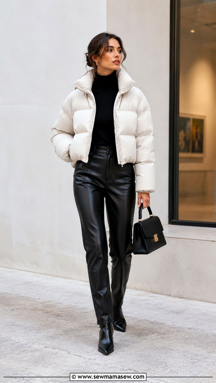 Puffer jacket with leather pants outfit - 30 How to style a puffer jacket