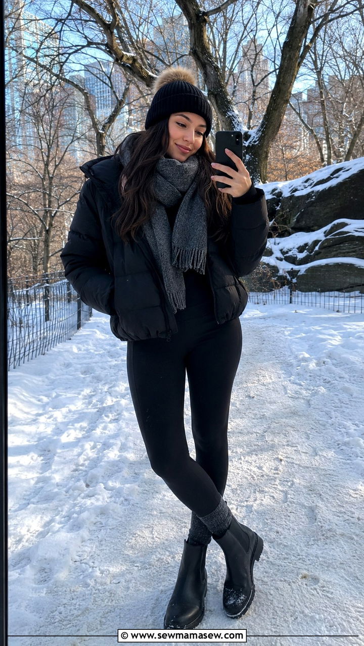 Puffer jacket with leggings and boots - 25 windy day outfits trends