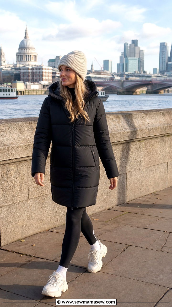 Puffer jacket with leggings and chunky trainers - 40 London outfit ideas