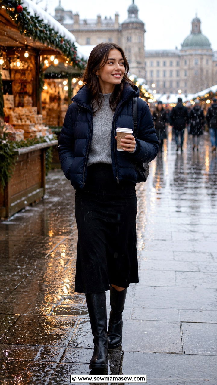 Puffer jacket with midi skirt and knee high boots - 30 Rainy day weekend outfit ideas