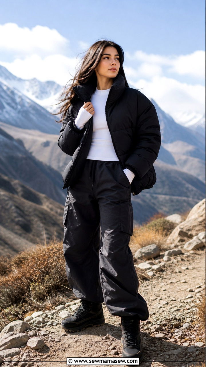 Puffer jacket with parachute pants and hiking sneakers - 40 Puffer jacket outfit ideas