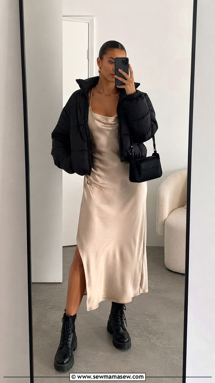 Puffer jacket with slip dress outfit - 30 How to style a puffer jacket
