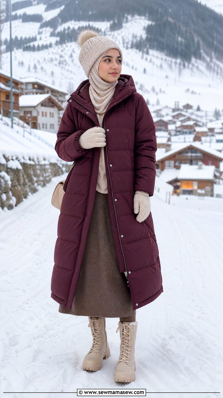 Puffer jacket with thermal maxi skirt - 25 Vacation outfit ideas Muslim women