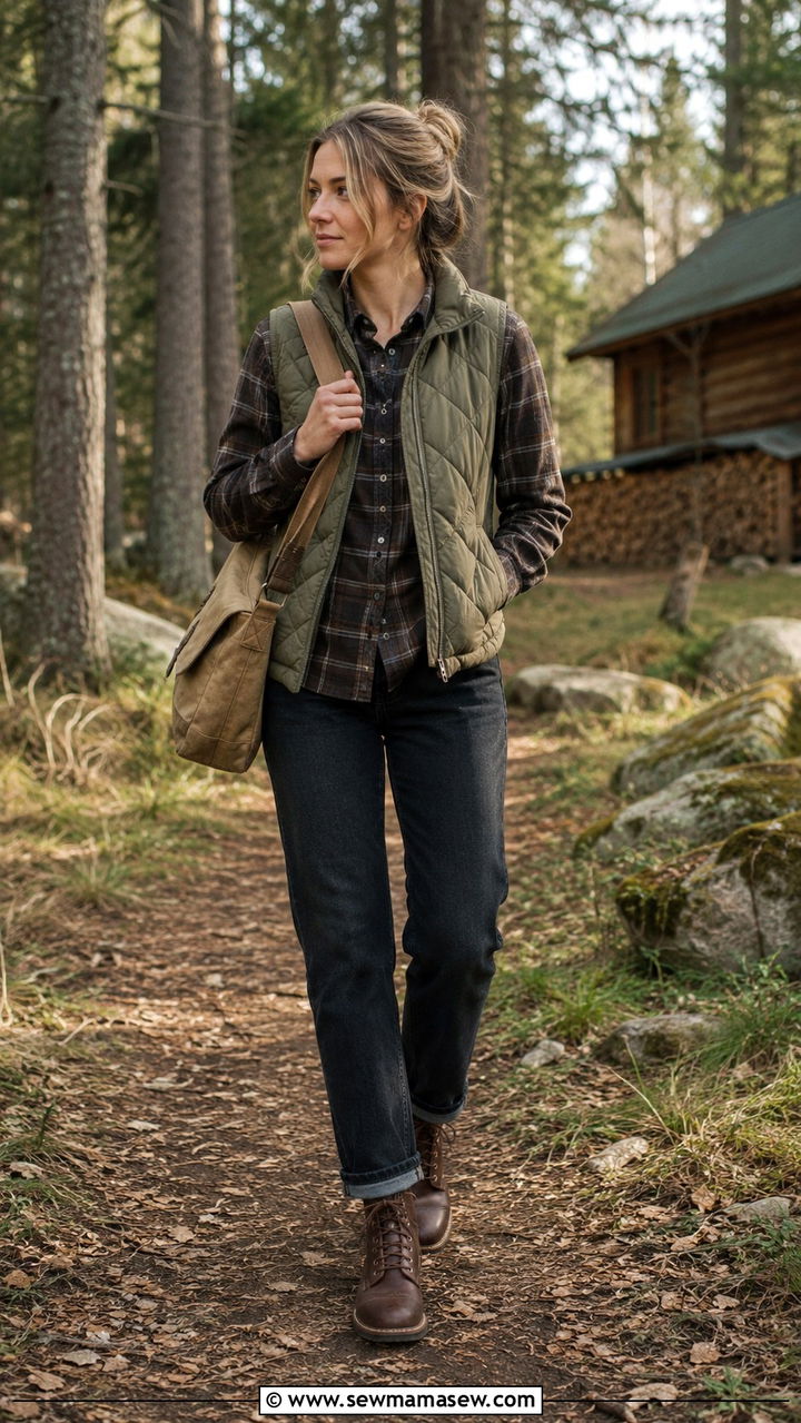 Puffer vest and flannel shirt outfit - 30 Danish cozy outfit ideas
