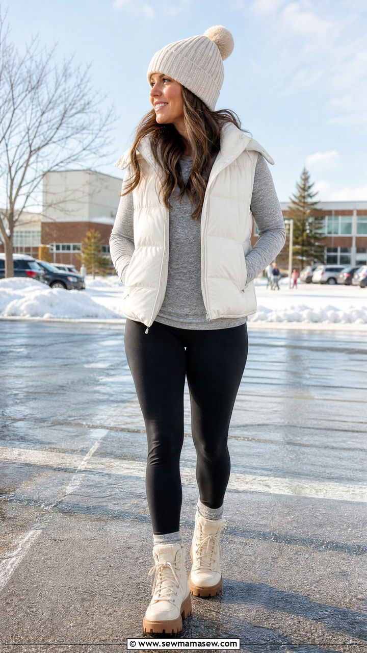 Puffer vest and leggings outfit - 25 Pickup line outfit ideas for moms